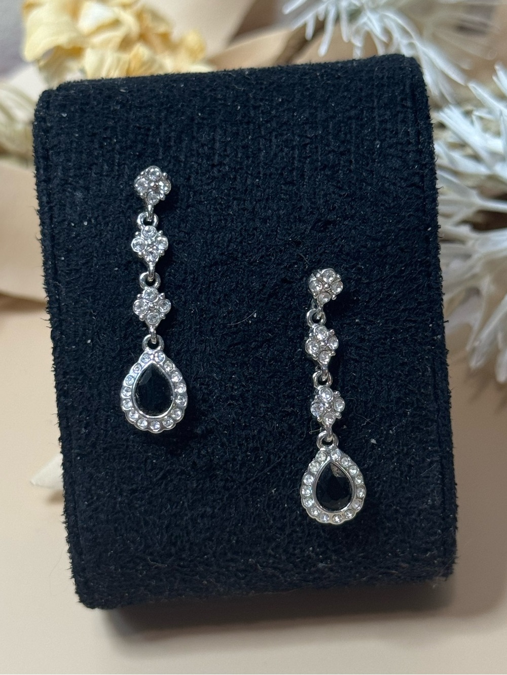 Monet Silver Tone Black Rhinestone Teardrop Dangle Pierced Earrings